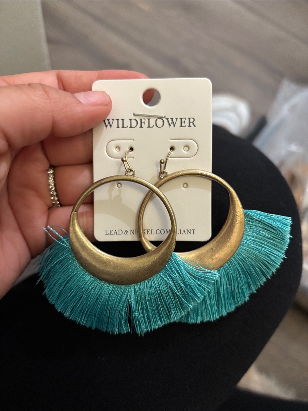 Wildflowers Teal Fringe Hoop Earrings with Brass Crescent